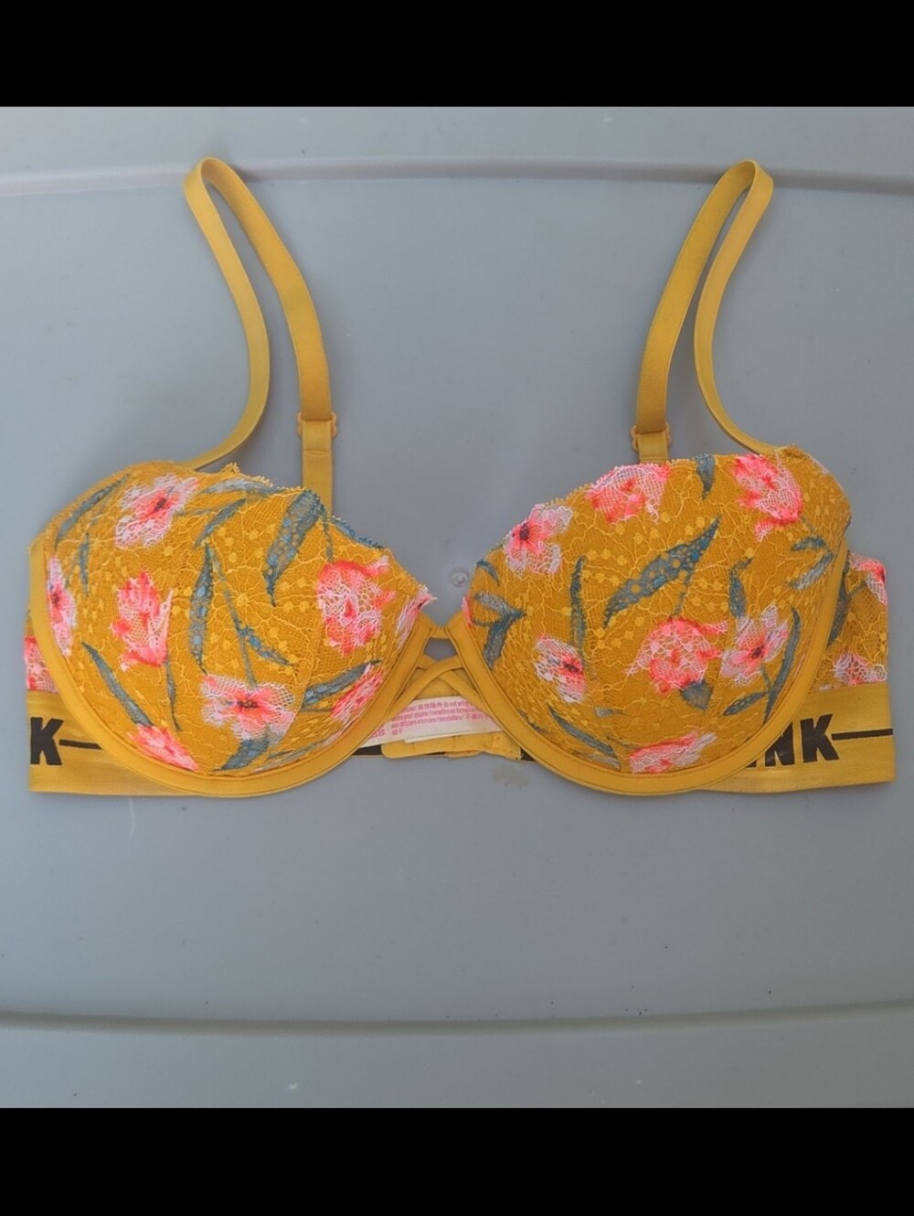 PINK by Victoria's Secret Yellow Floral Date Push Up Lace Bra Size 34D
